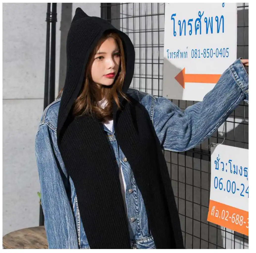 2018 Brand Design Women's Hooded Scarf Winter Wool Knitted Earflap Hats Snood Wraps Solid Crochet Scarves and Hat for Girl