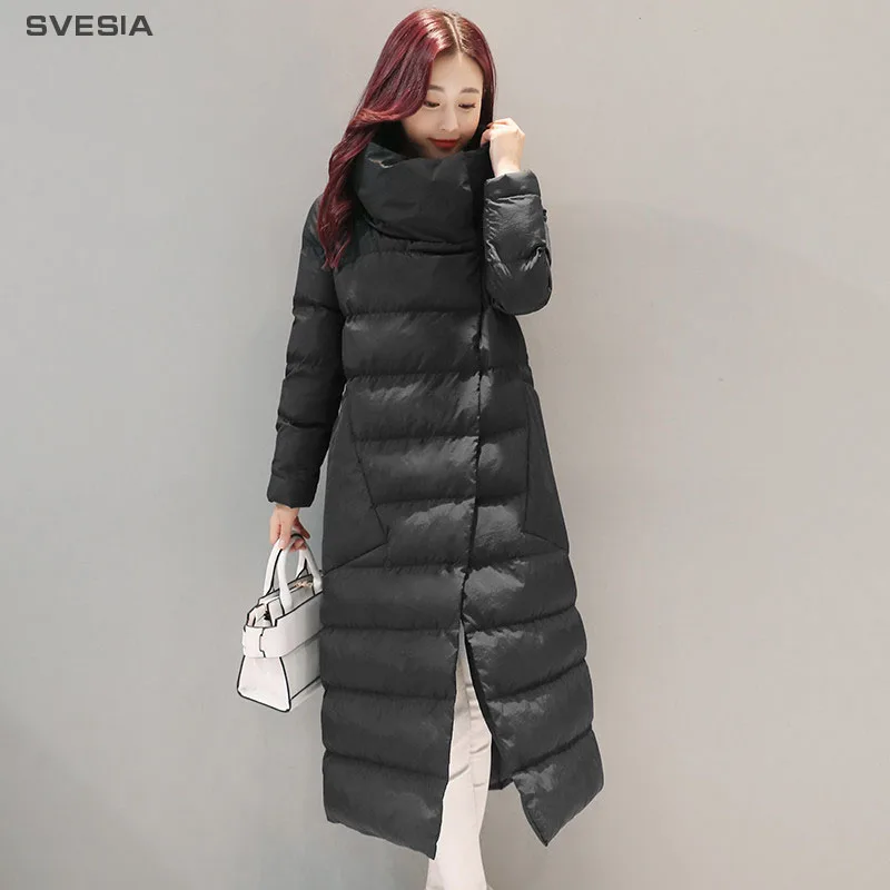 

SVESIA Women's Parkas Elegant Stand Collar Asymmetry Long Winter Warm Female Jackets Cotton Parka Outerwear Coats