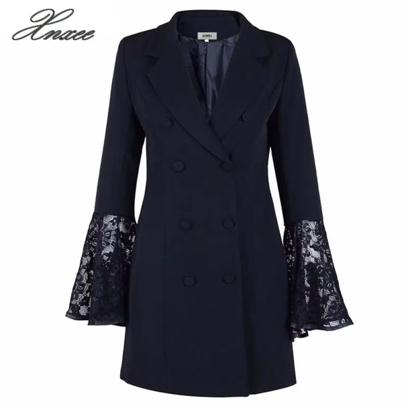 Spring and Autumn large size new women's lapel double-breasted trumpet sleeves long blazer