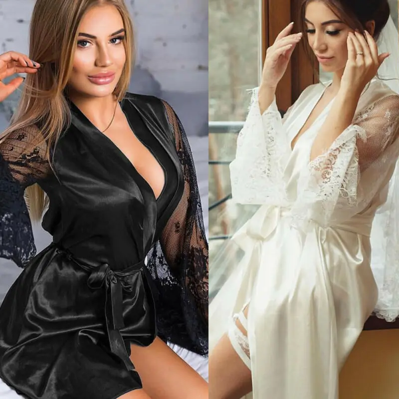 Женское сексуальное ночное платье из искусственного шелка, нижнее белье кимоно, пояс, кружевной банный халат, ночная рубашка, халат подружки невесты