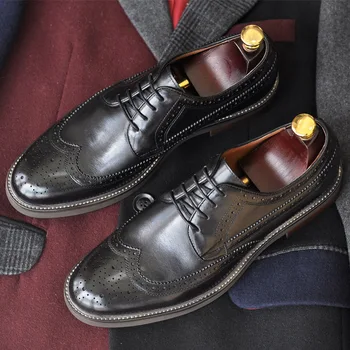 

Handmade Retro British Genuine Leather Brogue Carved Leather Shoes Hot Mens Derby Shoes Mans Oxfords