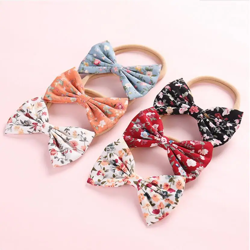 Floral Fabric Bow Nylon Headbands Hair Clip, Girls Fall Spring Festival