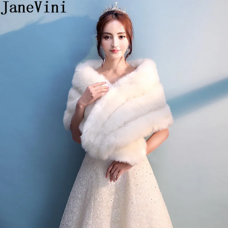 JaneVini Winter Elegant Evening Bolero Women Faux Fur Wedding Dress Cape Wrap Shawl Chic Bridal Party Coat Fur Stoles Jackets