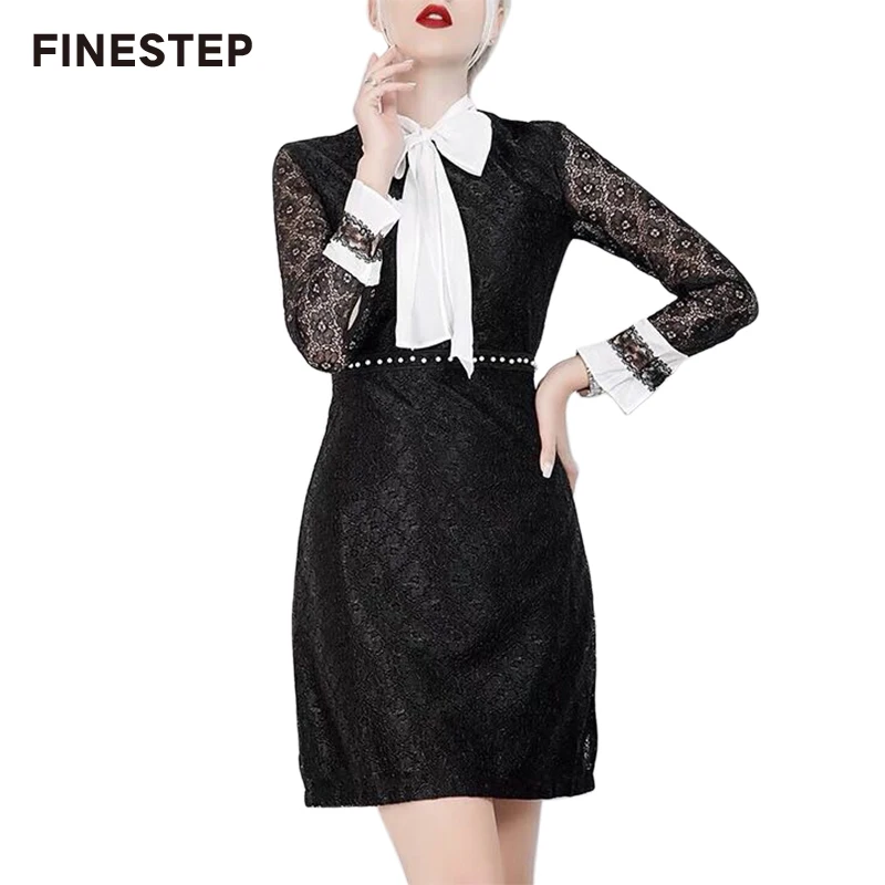 Avec Femme Marque Manches Pics Blanc Robes Robe Noire Pleine Bureau Femmes Tie Bow Européenne As 2019 De Mini Col YUrYqB