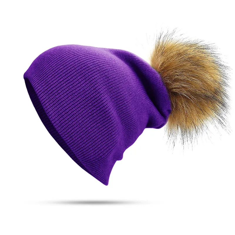 Новые женские шапки бини из искусственного меха с помпонами, модные вязаные шапки для девочек и женщин, шапка с помпоном, зимняя женская шапка Skullies Bones - Цвет: Purple