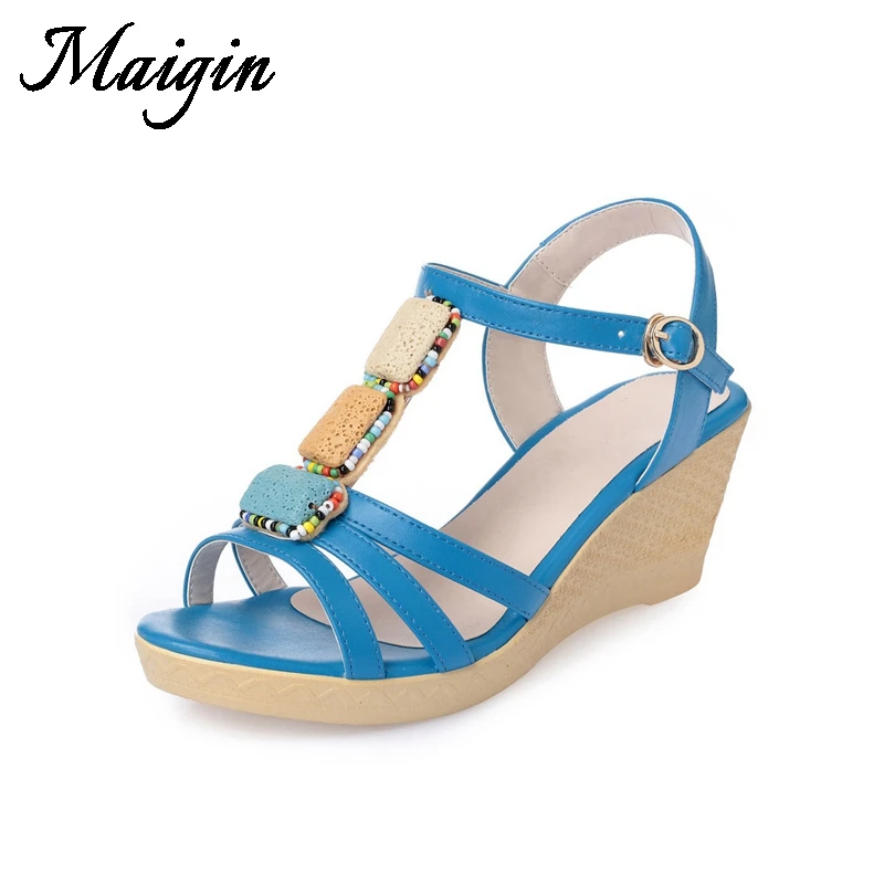 Maigin Genuine Leather Boho Sandals 2018 New Summer Wedges Shoes for Women T-tied Platform Shoes Breathable Women Sandals