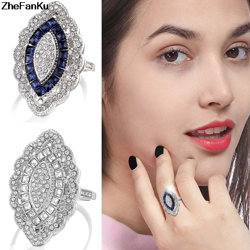 Кольцо в форме глаза большой лошади, богемский дизайн, модное длинное прозрачное и голубое кольцо с большими кристаллами, ювелирные изделия, уникальные роскошные ювелирные изделия