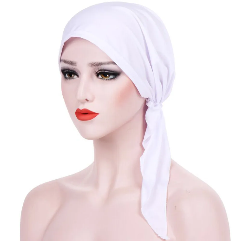 Спальное место#502 Женская индийская шляпа мусульманская гофрированная раковая шапка Хемо шарф Тюрбан два хвоста шапка повседневная одежда однотонная - Цвет: White