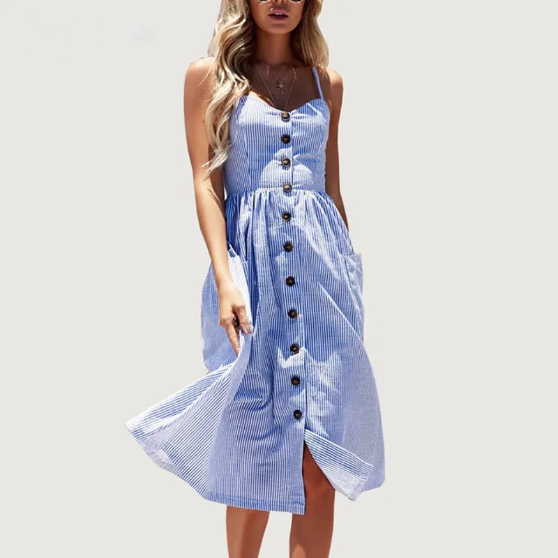 

Women Summer Dress 2019 Leisure V Neck Spaghetti Strap Dress With Pockets Button Backless Casual Beach Dress Tunic Sundress 3XL