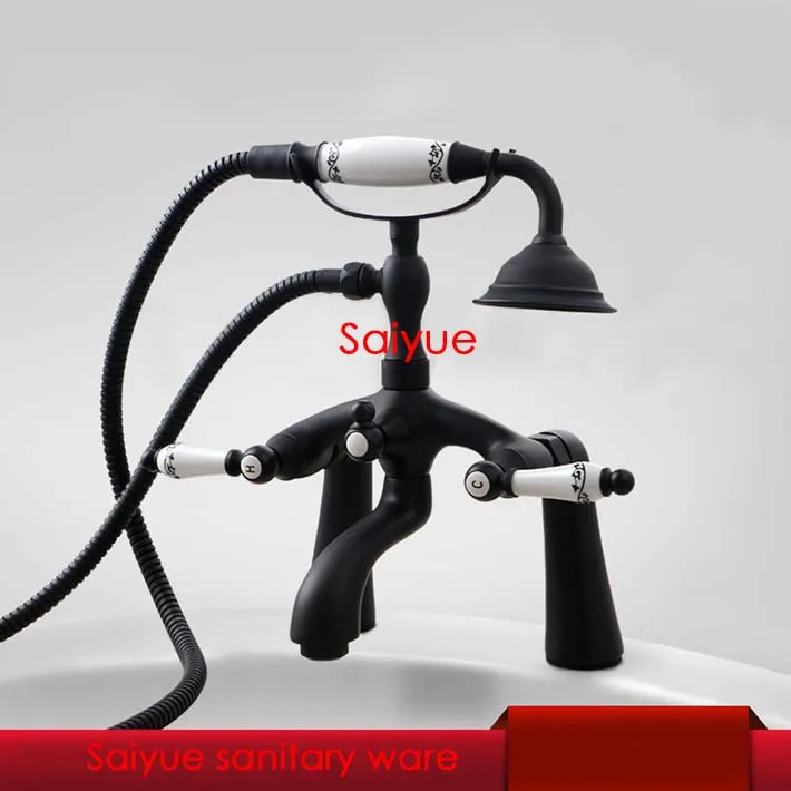

Oil Rubbed Bronze bathroom tub shower faucets with flower ceramic hand shower.Deck mounted bath bathtub shower mixer tap