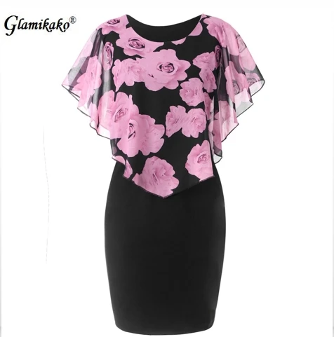 

Glamikako Women Floral Print Dress Casual Sliming Pencil Dresses Elegant Short Sleeve Office Ladies Wear Plus Size 5XL Vestidos