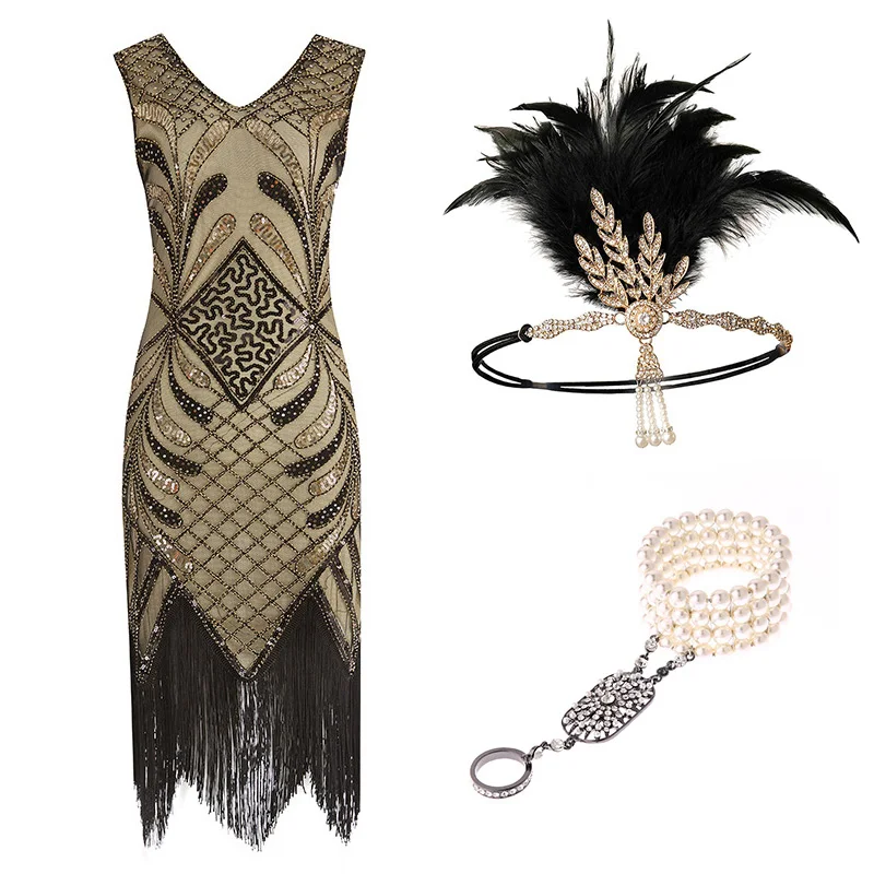  1920s Flapper Dress Roaring Great Gatsby Costume Dress w/accessories  set : Clothing, Shoes & Jewelry