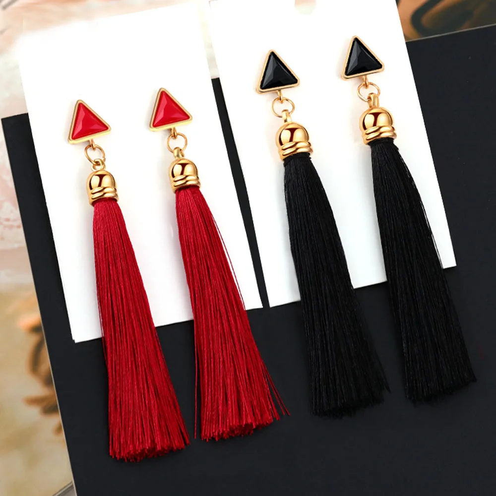 Fashion Bohemian Tassel Crystal Long Earrings White Red Silk Fabric Drop Dangle Tassel Earrings For Women Jewelry