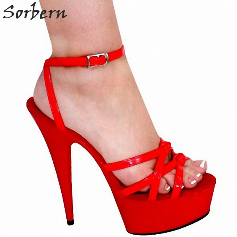 

Sorbern Red Thin Straps Weeding Shoes For Women 15Cm High Heels Thick Base Shoes Black Strappy High Heels Comfort Sandals New