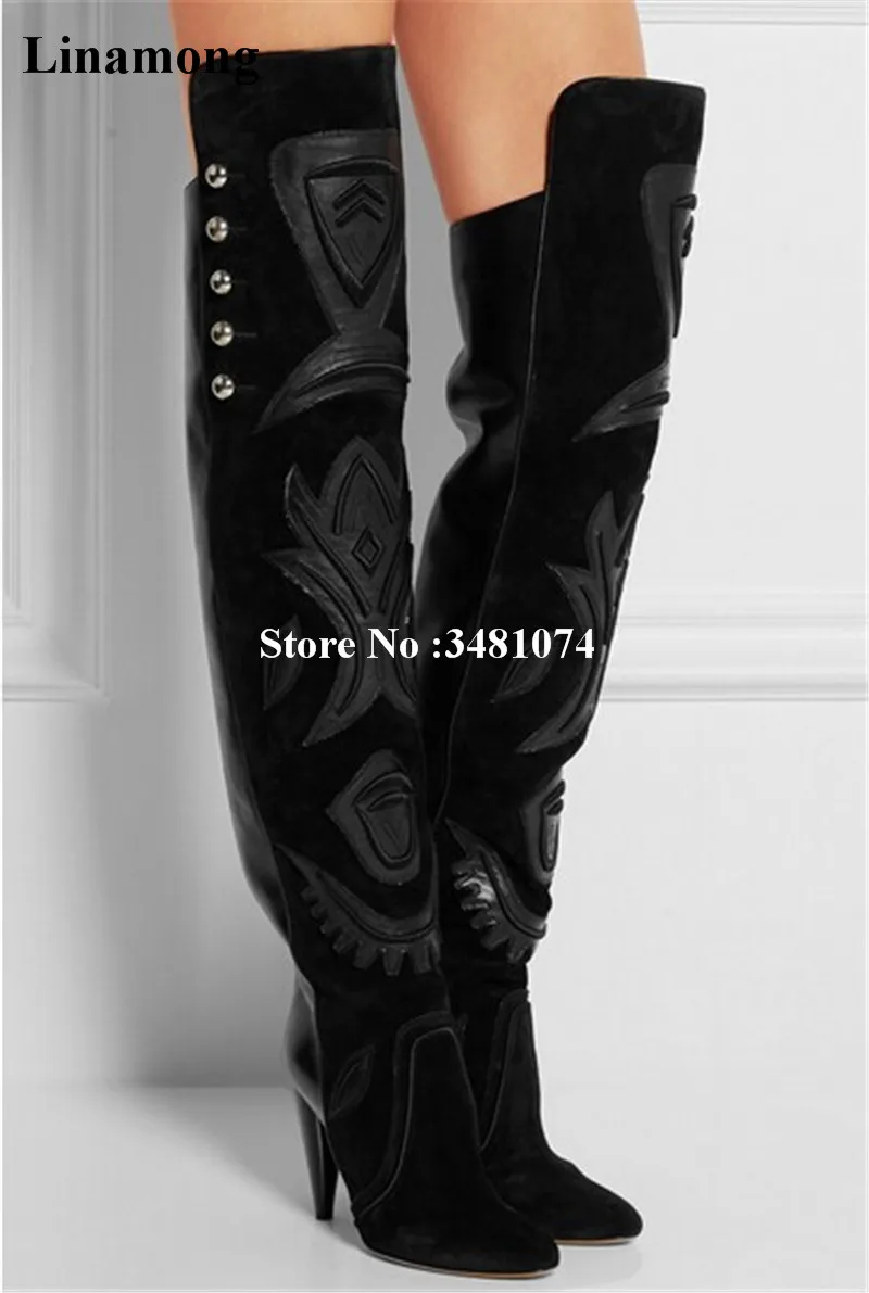 

2018 Winter New Arrival Over The Knee Boots Pointed Rivet Studded And Floral Design On The Shoes Pointed Toe Slip-on Long Boots