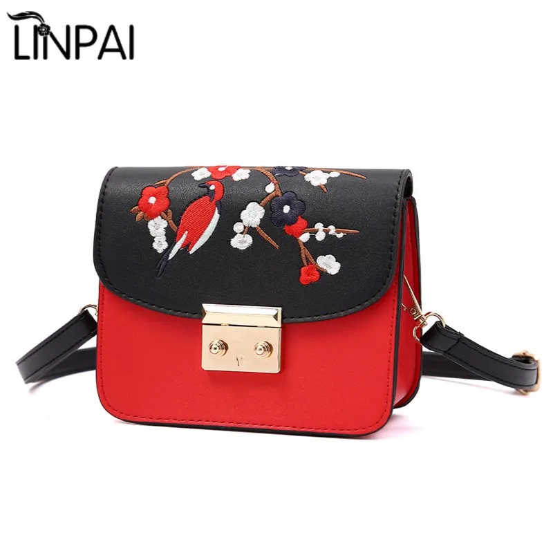LINPAI Brand Designer Shoulder Bag Female Flower Embroidery Leather