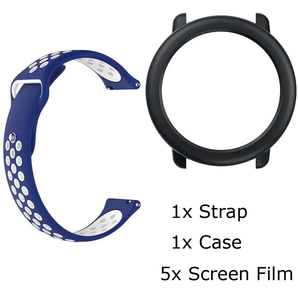 BlueWhite-BlackCase 7/лот для Xiaomi Huami Amazfit Pace ремешок для часов браслет силиконовый Pulsera Correa Band защитный чехол Защитная пленка для экрана - Цвет: BlueWhite-BlackCase