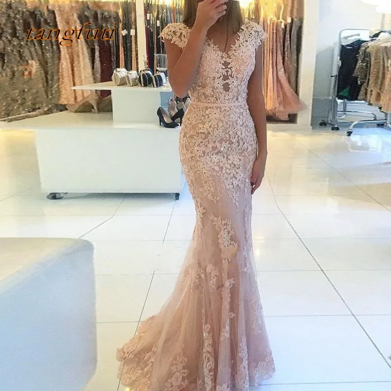 Light Pink Lace Evening Dresses Long Cap Sleeve Party Wear Prom Formal Evening Prom Gown Dress Women Party On Sale abendkleider Light Pink Lace Evening Dresses Long Cap Sleeve Party Wear Prom Formal Evening Prom Gown Dress Women Party On Sale abendkleider