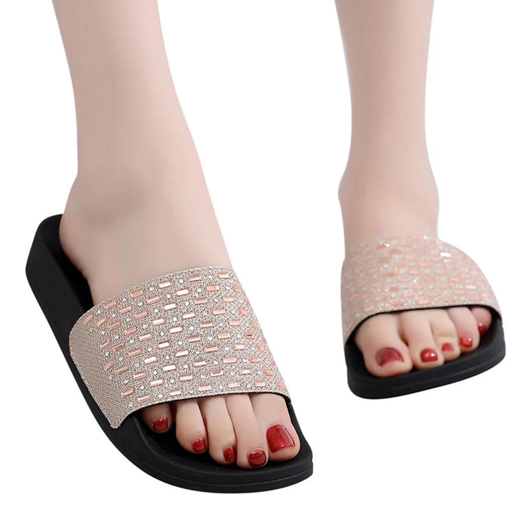 

2019 Summer Sliders Shoes Slippers Women's Sequins Flat Soft Slippers Non-Slip Rhinestone Sandals Beach Shoe zapatos de mujer
