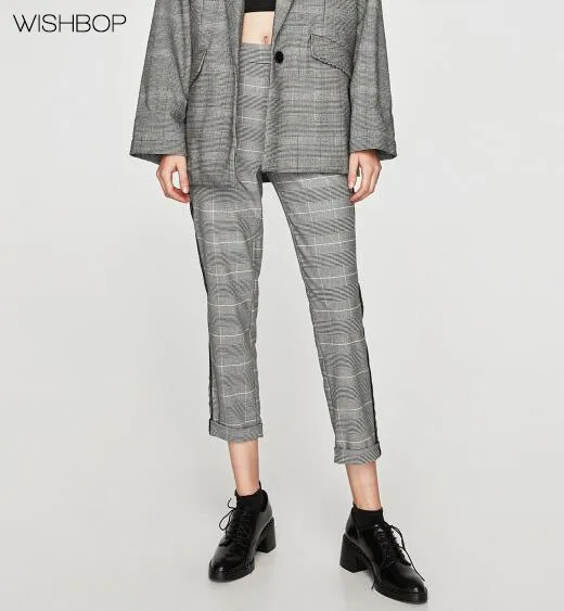 WISHBOP NEW 2017 Woman Grey Marl CHECKED CHINO TROUSERS WITH SIDE STRIPE Elastic Waistband Rolled-up Hems Side Pockets 1