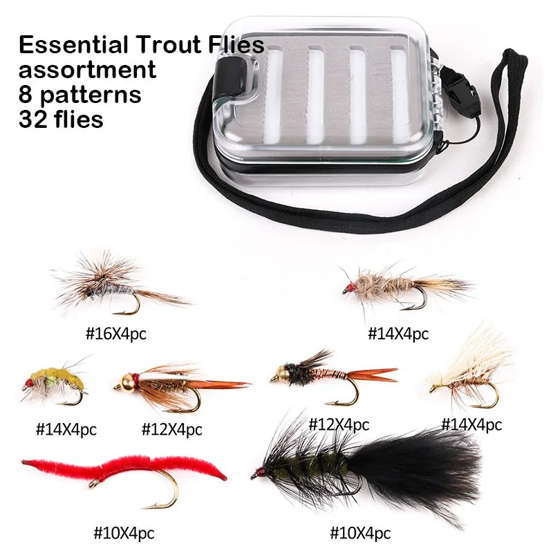 Essential trout flies assortment 8 patterns 32 flies