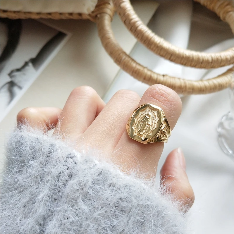 Винтажное панк 925 пробы Серебряное кольцо Девы Марии регулируемое красивое цветочное боковое сердце большое кольцо элегантное женское модное ювелирное изделие