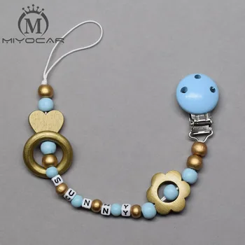 

MIYOCAR any name can made gold heart and blue wooded beads pacifier holder pacifier clip dummy clip and teether clip for baby