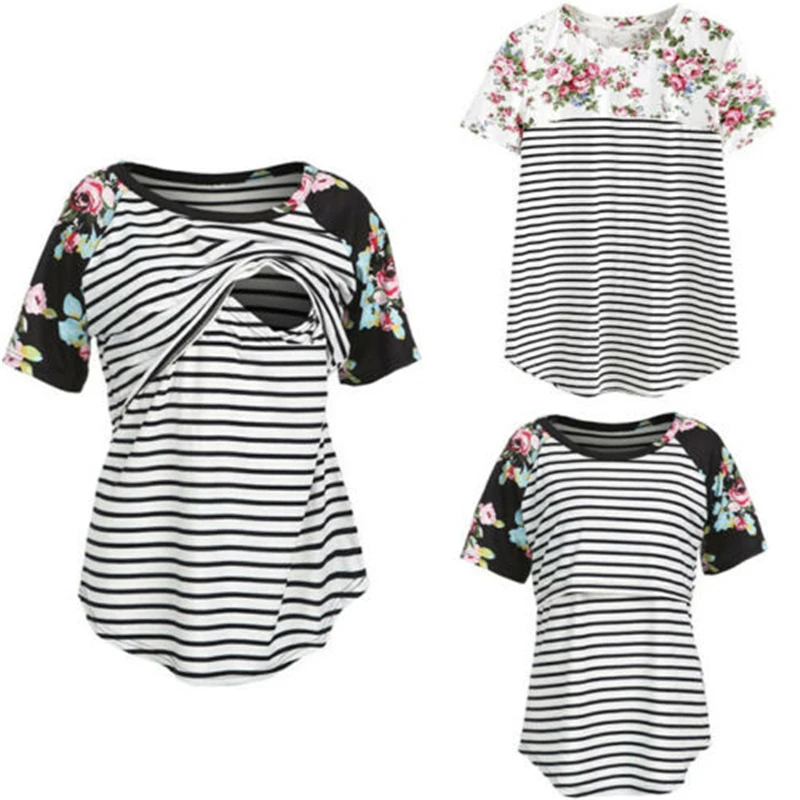

2019 Summer Women Breastfeeding Clothes Striped Floral Short Sleeve Nursing T-shirt Top Maternity Clothes Women Casual Tee Tops