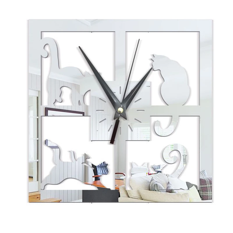 

Creative 3D DIY cute cat Wall Clock Modern Acrylic Mirror Big Cup Wall Clocks Living Room Home Decor Geometric wall clock 60024