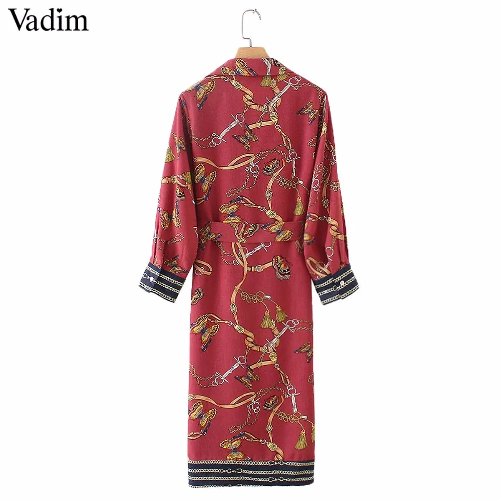 Vadim женское винтажное платье миди с принтом в виде цепочки, галстук-бабочка, пояс, длинный рукав, Боковой разрез, Ретро стиль, женские повседневные платья, vestido mujer QA564