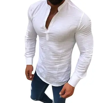 

Yfashion Hot Sell Men's Shirts Casual Long Sleeve Tops Mens Solid Color Slim Fit Linen Summer Shirt Male Stand Shirts