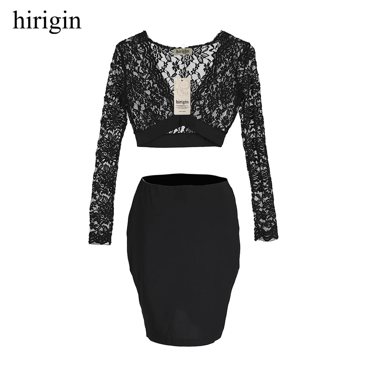 

New sexy Women lace transparent 2pcs outfit sets Long Sleeve V-neck crop top and slim skirts Evening Party clubwears fashion