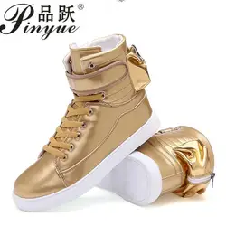 Золотистые кожаные хип-хоп кроссовки Канье Уэст Джастин сапоги уличные Обувь для танцев на платформе Высокая Увеличение Для мужчин для