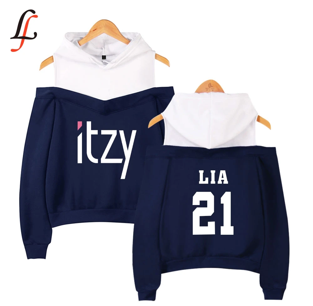 Lecky الكتف هوديس حبال البلوز النساء Itzy طباعة المتناثرة طباعة البلوز Kpop قمم عارضة الشارع الشهير رياضية