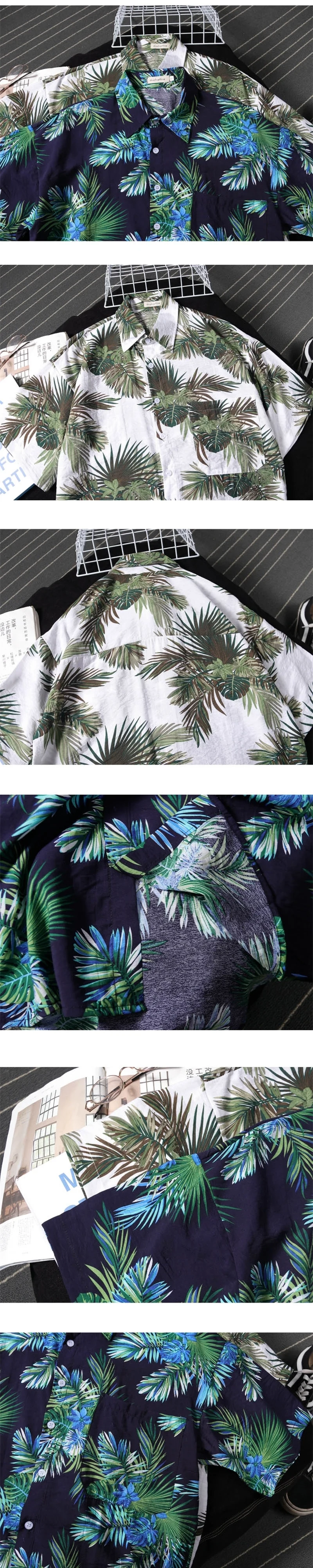 Мужские летние модные брендовые винтажные рубашки с короткими рукавами в японском стиле с принтом листьев, мужские повседневные свободные