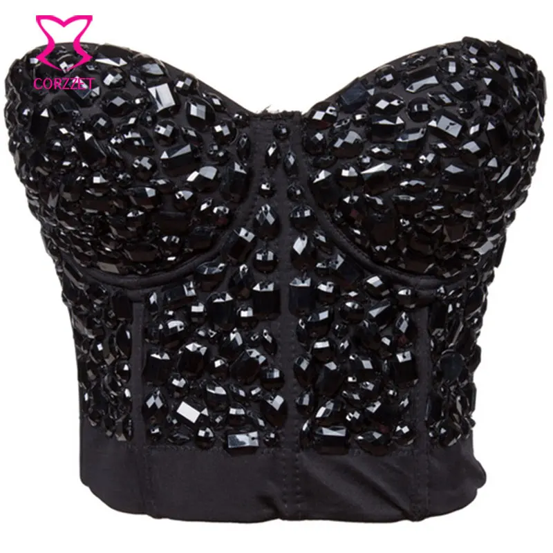 

Punk Rave Clubwear Black Handmade Beaded Bralet Bustier Strapless Bralette Top Women Sexy Brassiere Bra Push Up Exotic Bras XXL