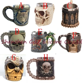 

96pcs/lot Double Wall Stainless Steel 3D Skull Mugs Coffee Tea Bottle Mug Skull Knight Tankard Dragon Drinking Cup Kup Milk