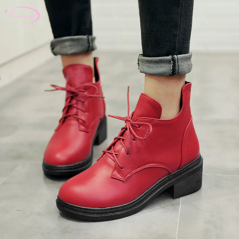 

College style autumn ankle boots fashion lace-up white yellow red black high with thick heel motorcycle boots women shoes