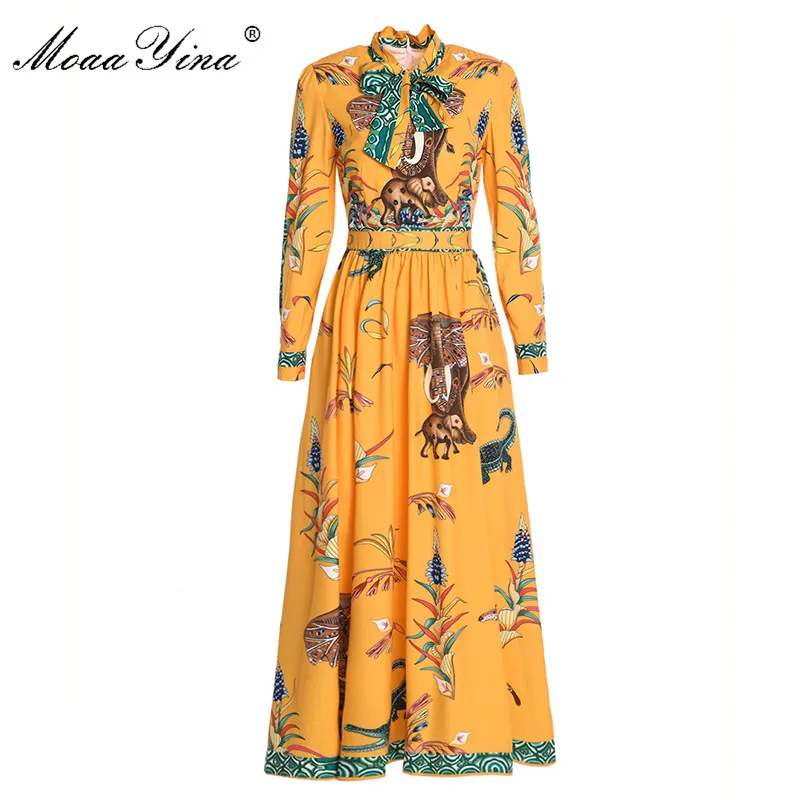 

MoaaYina Fashion Designer Runway Dress Spring Women Long sleeve Bow collar Animal Floral Print Casual Holiday Yellow Maxi Dress