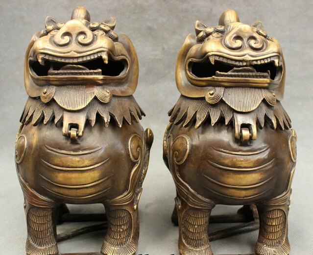 

wholesale factory 9"Chinese Pure Bronze Snake Beast Lion PiXiu Head Statue Box Incense Burner Pair