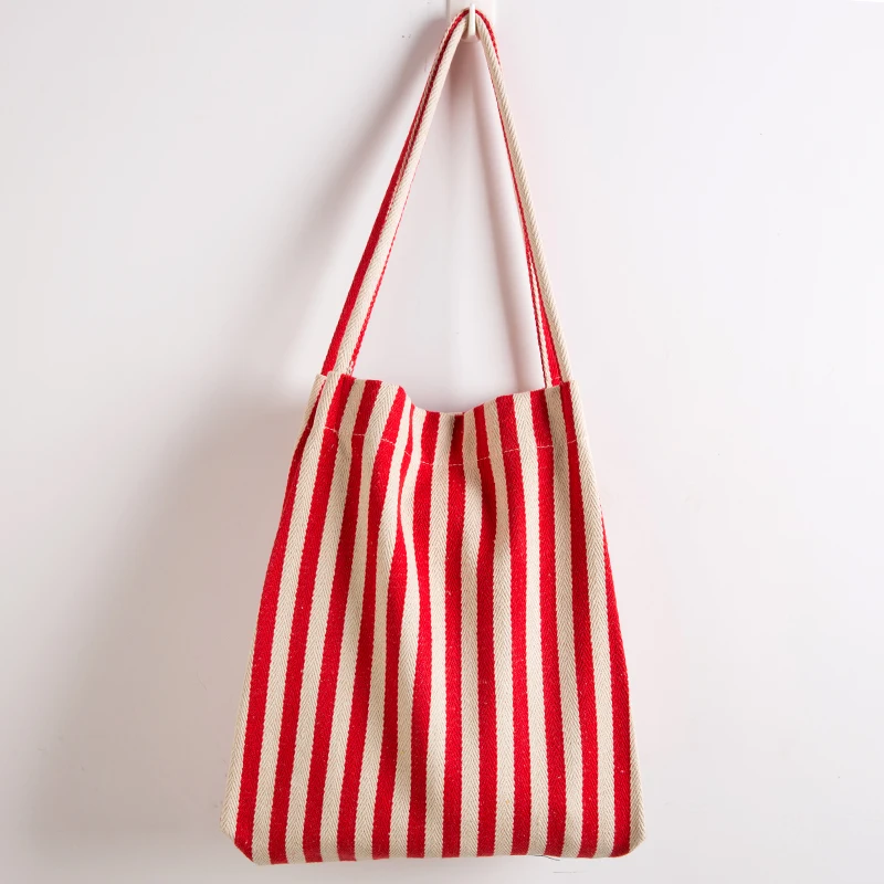 

Red Stiped Canvas Tote Reusable Cotton Women Storage Shopping Bag Fabric Cotton Cloth Beach String Handbags