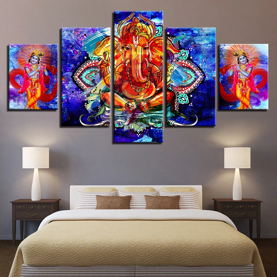 

Canvas HD Prints Pictures Home Decor 5 Pieces Hindu Lord Ganesha And Krishna Painting Modular Abstract Poster Wall Art Framework