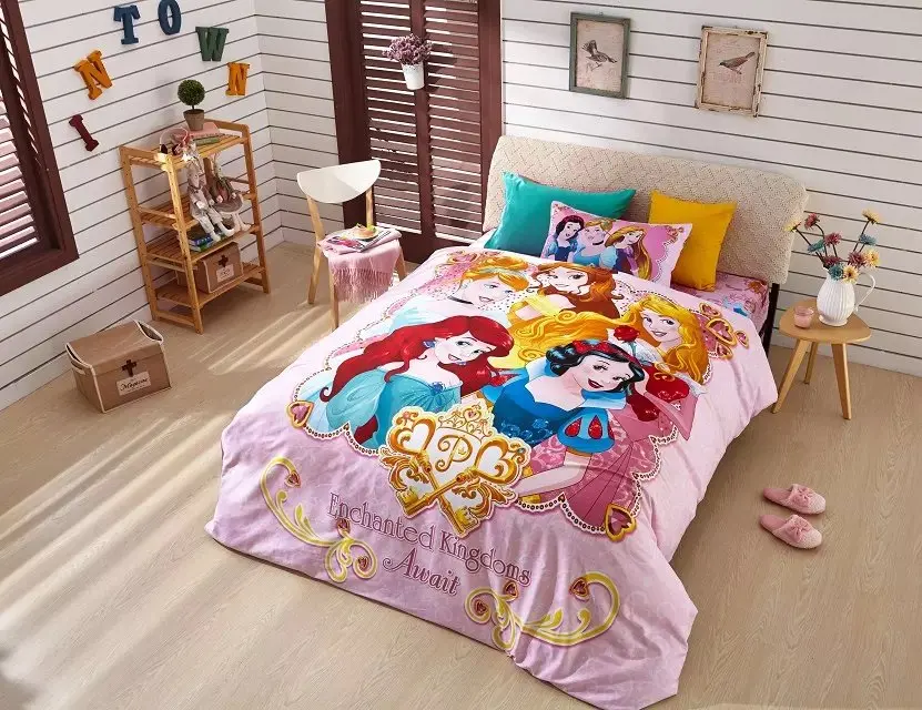 

brand pink colored Princess printed bedding set for girls kids home decor Egyptian cotton bed linens twin full queen size covers