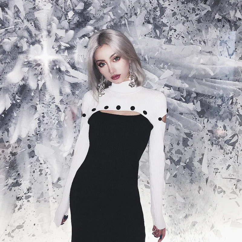

New Spring and autumn Fashion Black White Hit Color Button Patchwork Hollow Out Turtleneck Long Sleeve Woman Sexy Dress