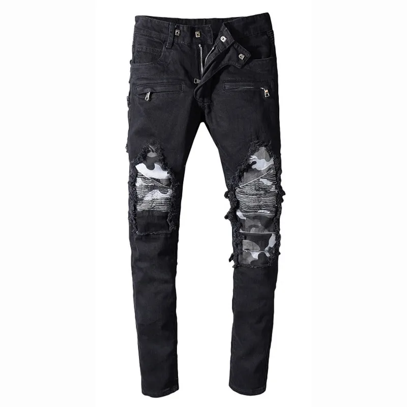 

MORUANCLE Men's Hi Street Ripped Biker Jeans Pants Pleated Distressed Motorcycle Denim Trousers Camo Patchwork Plus Size 28-42
