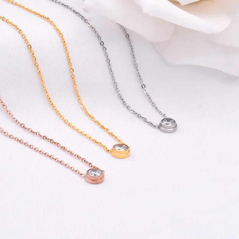 

Luxury Woman Wedding Jewelry Accessories Silver Gold Color Stainless Steel Single Cubic Zirconia Pendant Necklace No Fade