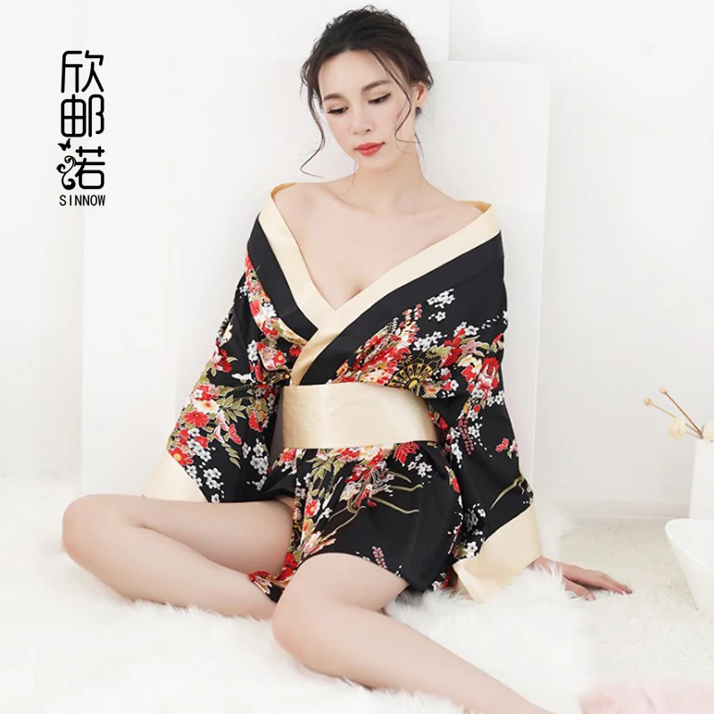 

2018 new spring and sunmmer Printed Satin Pajama Bathrobe Kimono Japanese 3/4 Sleeve Sexy Bow tie kimono pajamas