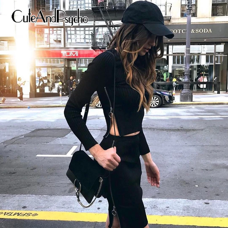 

2019 Black Short Skinny Women T-shirt Split Zipper Casual Tee shirt Long Sleeve Autumn Winter Crop Tops Streetwear Cuteandpsycho