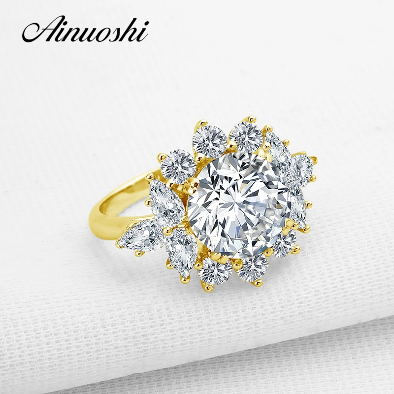 

AINUOSHI 10k Solid Yellow Gold Women Engagement Ring 3.5 ct Round Cut Simulated Diamond Shiny Luxury Flower Shape Wedding Ring