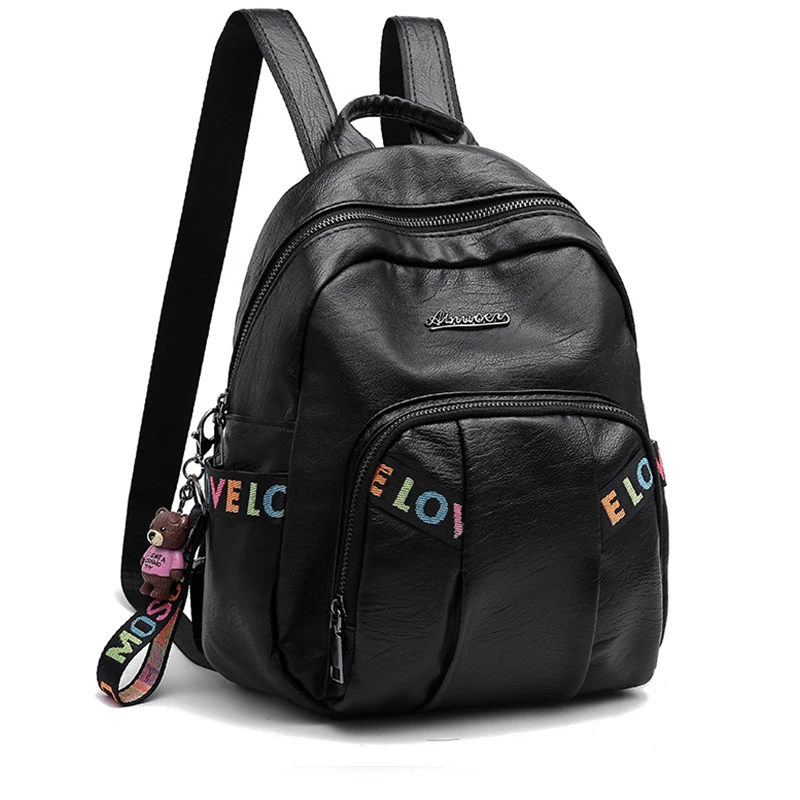 

Women Backpack Leather Bag Travel Backpack Luxury Designer Women Bags Headphone Jack Bear Pendant Letter Casual Famous Brand
